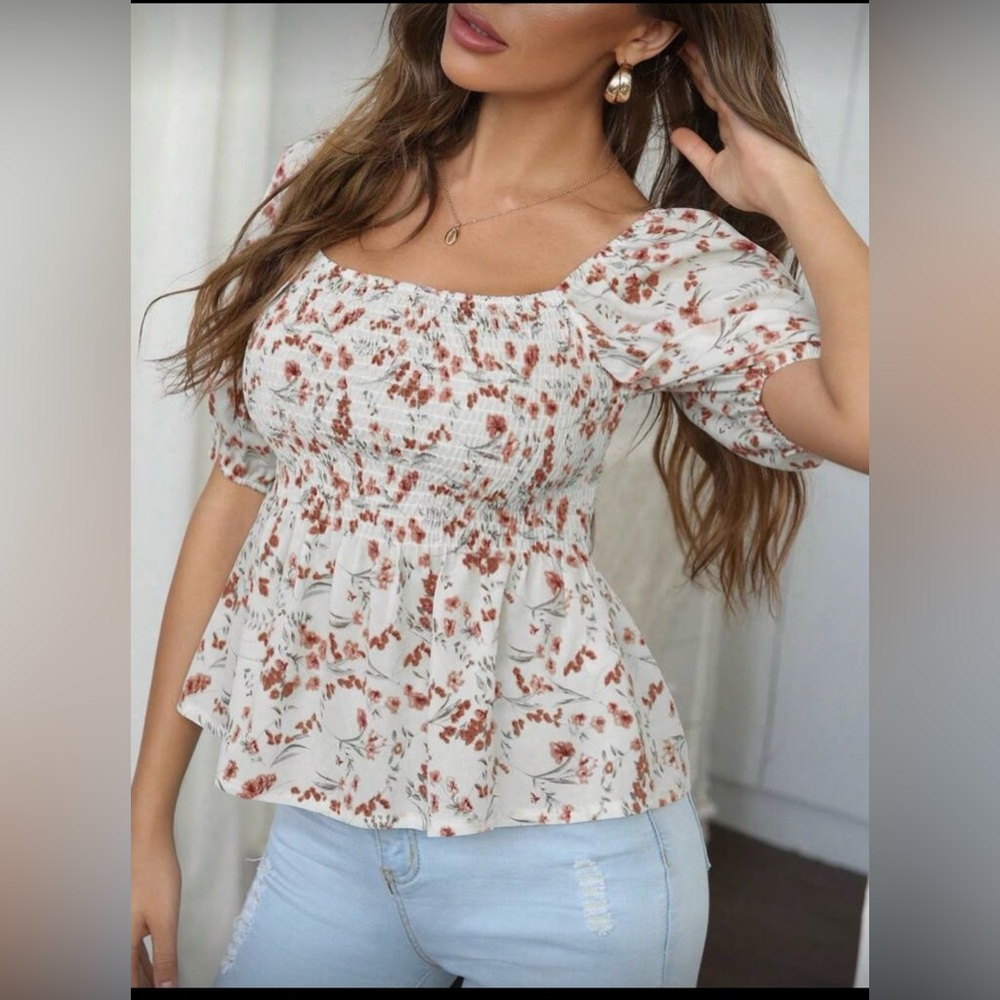 SHEIN Cream and Brown Floral Puff Sleeve Blouse